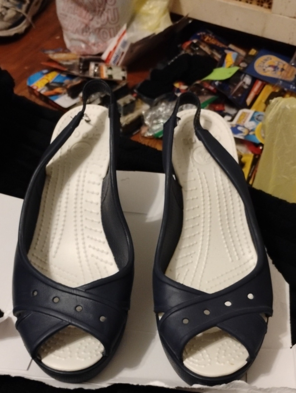 CROCS NAVY BLUE PEEP TOE SLING BACK WEDGE SANDALS EXCELLENT CONDITION